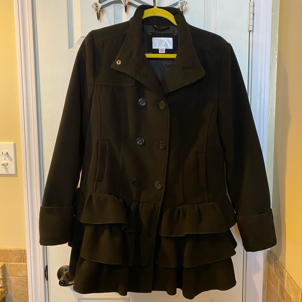Xhilaration Ruffled Pea Coat Black XL Like New